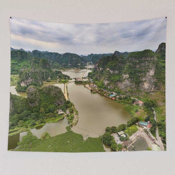 Item preview, Aerial Trang An Peaks - Ninh Binh, Vietnam | Epic Limestone Karst Drone Landscape Art designed and sold by Ross.A.Campbell.