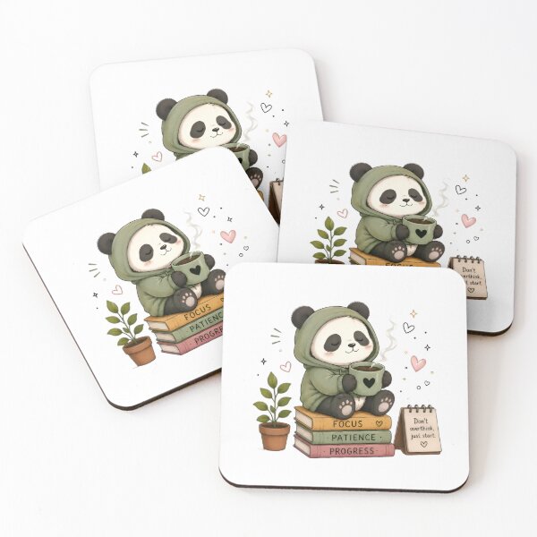 Artikelvorschau, Pandababy im grünen Hoodie, sitzt auf Büchern und hält eine Kaffeetasse. entworfen und verkauft von : CraftyVibes.