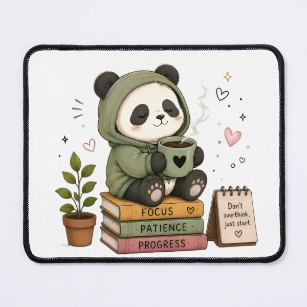 Item preview, baby panda in green hoodie, sitting on books, holding coffee mug designed and sold by : CraftyVibes.