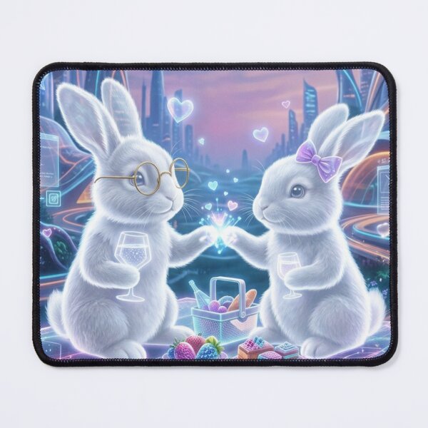 Item preview, Neon Cyberpunk Bunny Couple - Futuristic Picnic Under the Stars designed and sold by lovelistivkaa.
