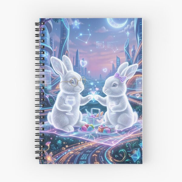 Item preview, Neon Cyberpunk Bunny Couple - Futuristic Picnic Under the Stars designed and sold by lovelistivkaa.