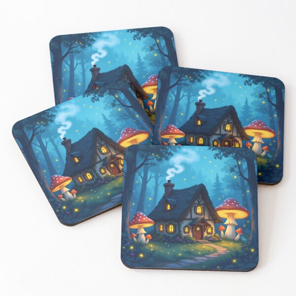 Item preview, Fairytale Forest House – Cute Mushroom Cottage Night Scene designed and sold by EmeraldeaArt.
