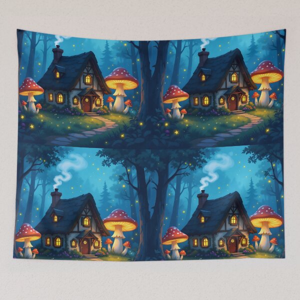 Item preview, Fairytale Forest House – Cute Mushroom Cottage Night Scene designed and sold by EmeraldeaArt.