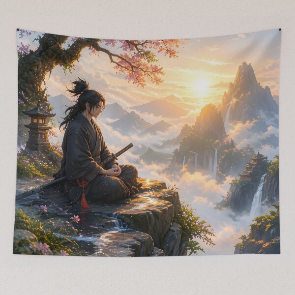 Item preview, Samurai Meditating at Sunrise Mountain designed and sold by sigmaartstudio.