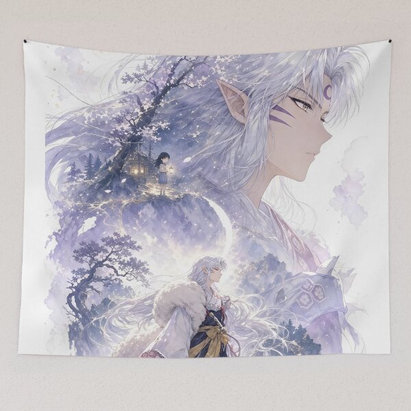 Item preview, Sesshomaru Moonlit Spirit Guardian – Ethereal Yokai Lord Fantasy Anime Watercolor Art Print designed and sold by Dyan4.