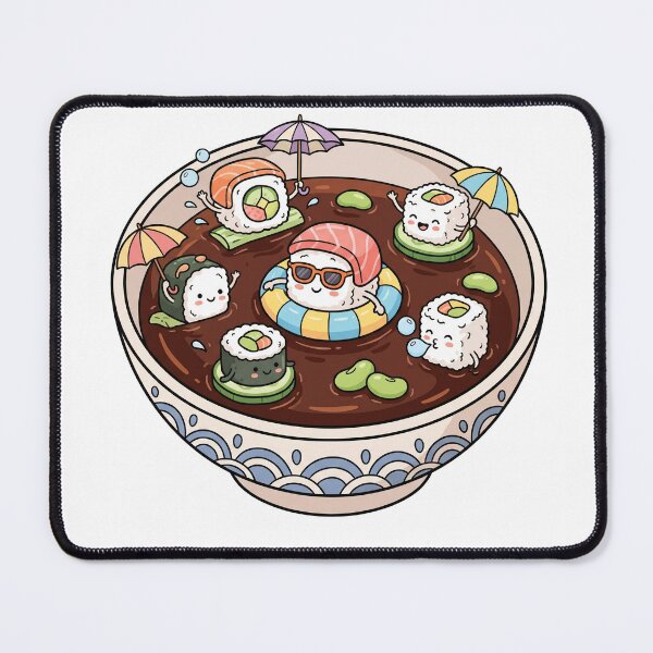Item preview, Kawaii Sushi Pool Party in Soy Sauce Bowl Illustration designed and sold by digiartmagic.