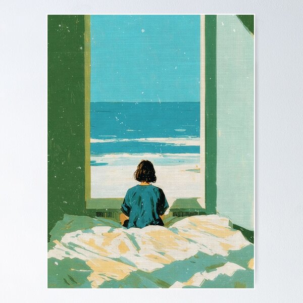 Item preview, Woman Looking at the Sea from Bedroom Window – Mediterranean Coastal Digital Painting designed and sold by guillermo-arias.