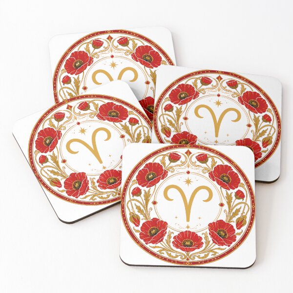 Item preview, Aries Zodiac Floral Badge – Gold Symbol with Red Poppy Botanical Ornamental Circle Illustration designed and sold by Symbol Universe.