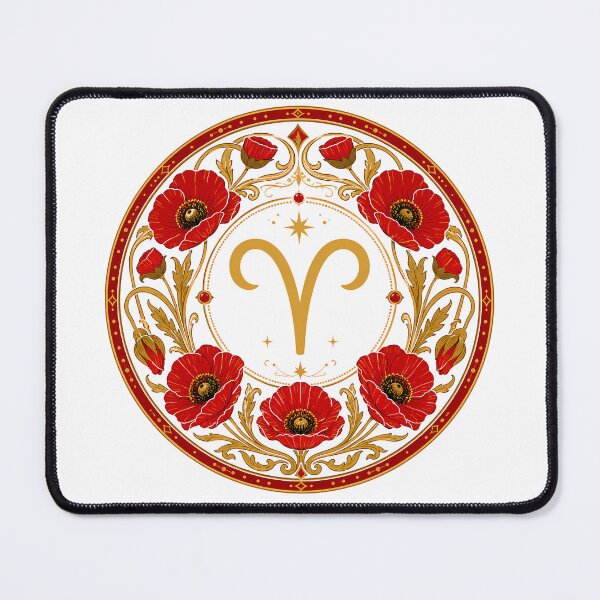 Item preview, Aries Zodiac Floral Badge – Gold Symbol with Red Poppy Botanical Ornamental Circle Illustration designed and sold by Symbol Universe.