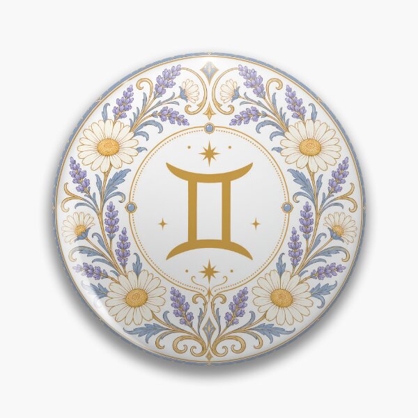 Item preview, Gemini Zodiac Floral Badge – Gold Symbol with Daisy and Lavender Botanical Ornamental Circle Illustration designed and sold by Symbol Universe.