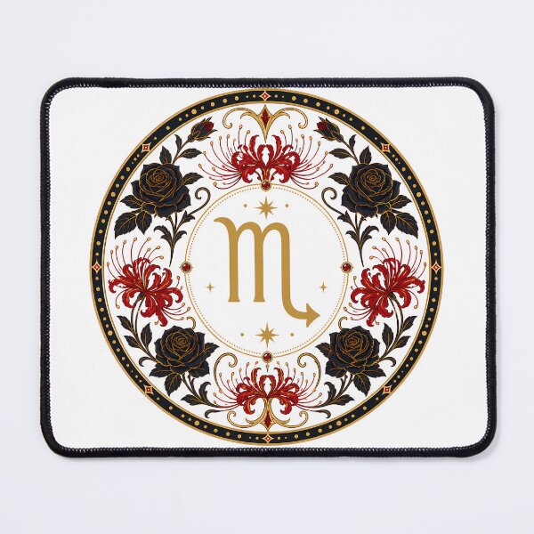 Item preview, Scorpio Zodiac Floral Badge – Gold Symbol with Red Spider Lily and Dark Rose Botanical Ornamental Circle Illustration designed and sold by Symbol Universe.