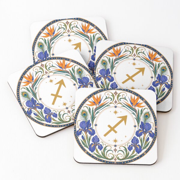 Item preview, Sagittarius Zodiac Floral Badge – Gold Arrow Symbol with Iris, Bird of Paradise and Peacock Feather Botanical Ornamental Circle Illustration designed and sold by Symbol Universe.
