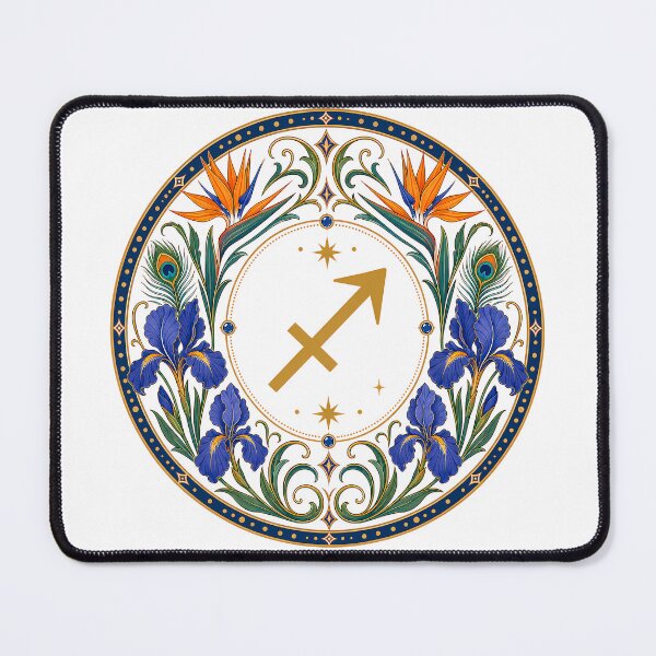 Item preview, Sagittarius Zodiac Floral Badge – Gold Arrow Symbol with Iris, Bird of Paradise and Peacock Feather Botanical Ornamental Circle Illustration designed and sold by Symbol Universe.