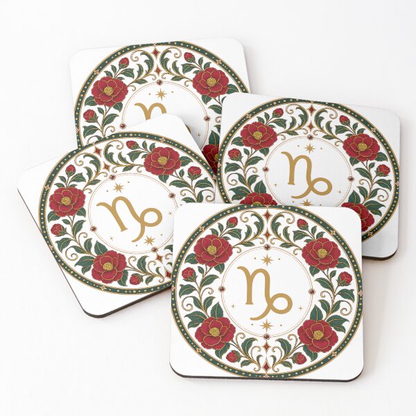 Item preview, Capricorn Zodiac Floral Badge – Gold Symbol with Red Camellia Botanical Ornamental Circle Illustration designed and sold by Symbol Universe.