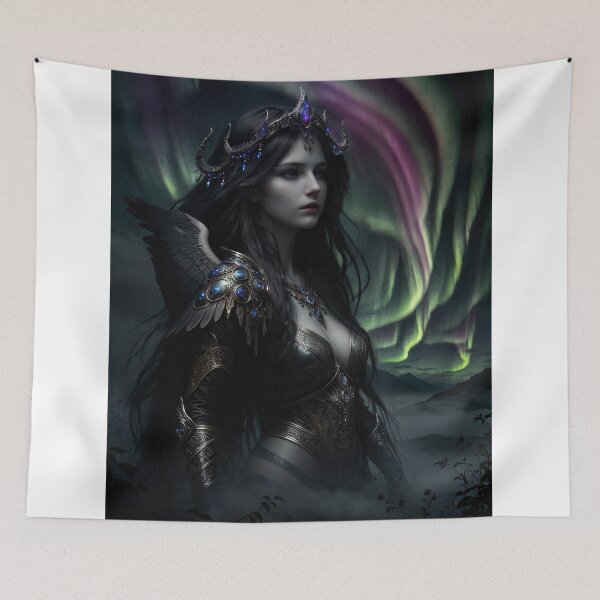 Item preview, Dark Fantasy Warrior Queen Under Northern Lights - Aurora Borealis Digital Art designed and sold by DukaveArt .
