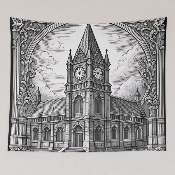 Item preview, Gothic Clock Tower Engraving, Dark Academia Cathedral Poster designed and sold by DarkOriginArts.