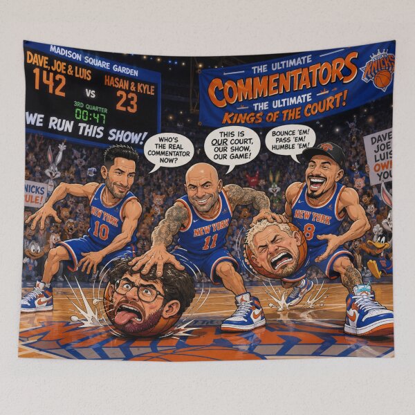 Item preview, New York Knicks Cartoon Basketball Showdown: Comedians vs. Commentators designed and sold by Uniqueartai.