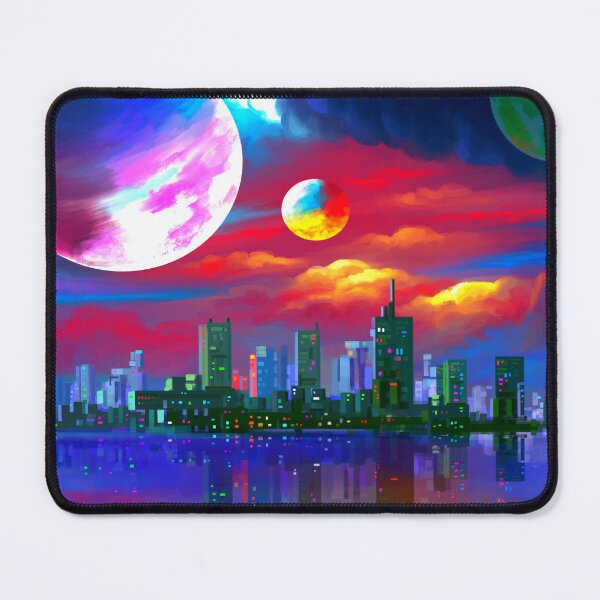 Item preview, Futuristic Neon Cityscape with Colorful Planets Digital Art designed and sold by ExploreAura Studio.