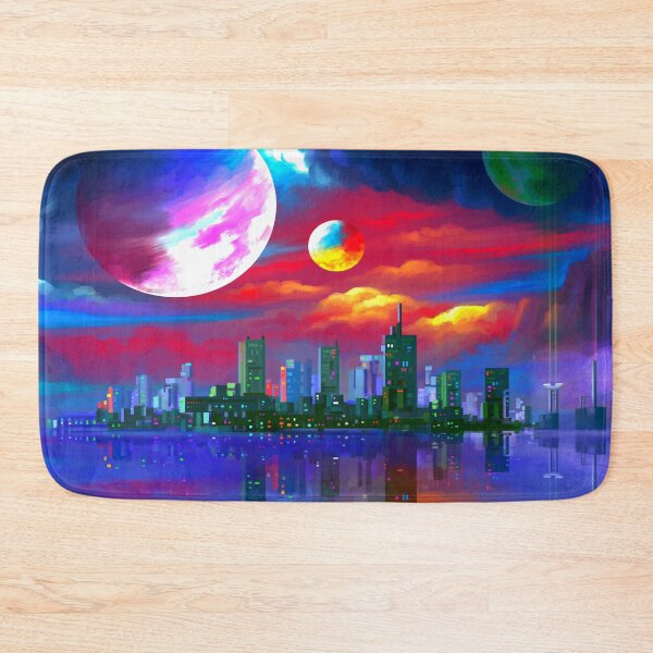 Item preview, Futuristic Neon Cityscape with Colorful Planets Digital Art designed and sold by ExploreAura Studio.