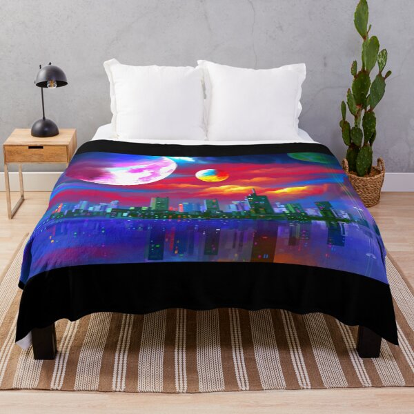 Item preview, Futuristic Neon Cityscape with Colorful Planets Digital Art designed and sold by ExploreAura Studio.