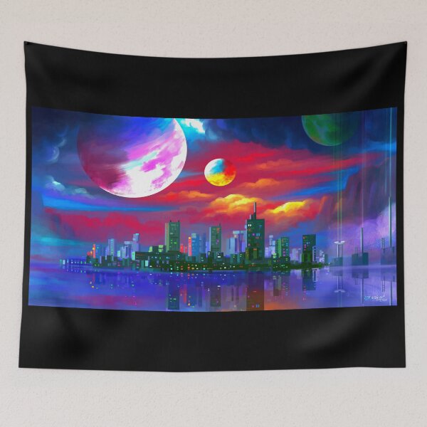 Item preview, Futuristic Neon Cityscape with Colorful Planets Digital Art designed and sold by ExploreAura Studio.