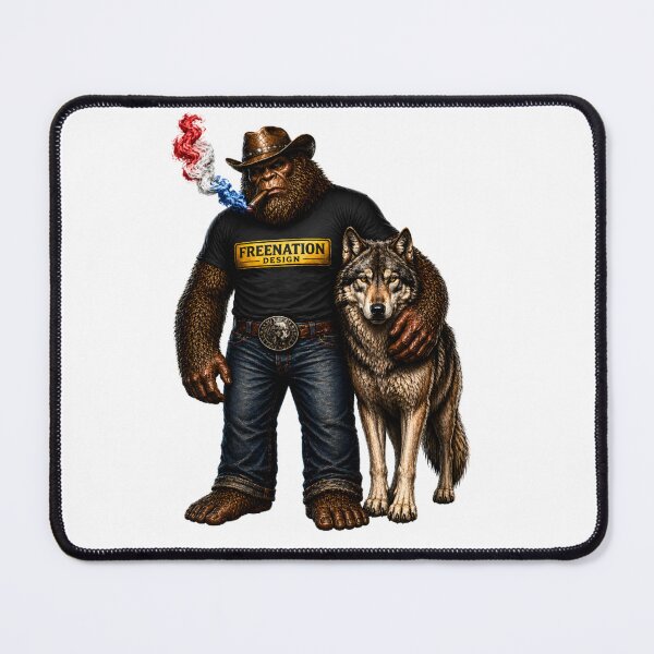 Item preview, Bigfoot Cowboy with Wolf Patriotic Design designed and sold by FREENATION2026.