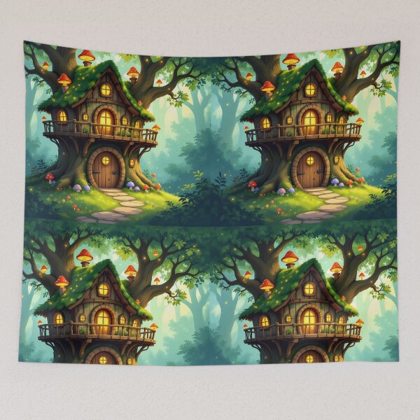 Item preview, Fairytale Treehouse – Two-Story Forest Cottage with Mushrooms designed and sold by EmeraldeaArt.