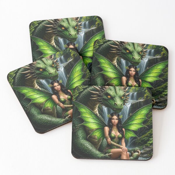 Item preview, Green Fairy and Dragon Waterfall Fantasy Art | Enchanted Forest Creature designed and sold by DrakariArt.