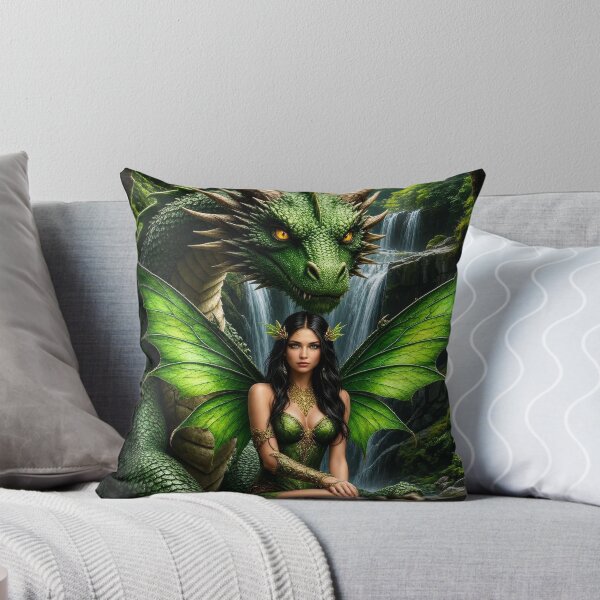Item preview, Green Fairy and Dragon Waterfall Fantasy Art | Enchanted Forest Creature designed and sold by DrakariArt.