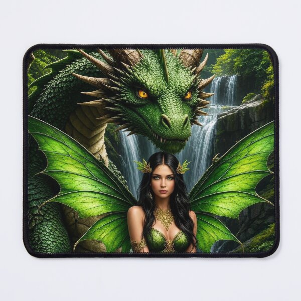 Item preview, Green Fairy and Dragon Waterfall Fantasy Art | Enchanted Forest Creature designed and sold by DrakariArt.