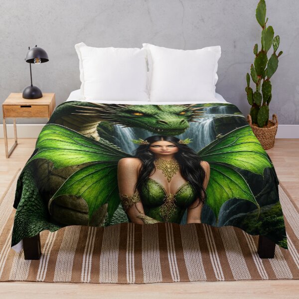 Item preview, Green Fairy and Dragon Waterfall Fantasy Art | Enchanted Forest Creature designed and sold by DrakariArt.