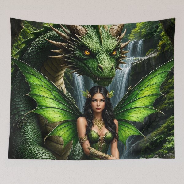 Item preview, Green Fairy and Dragon Waterfall Fantasy Art | Enchanted Forest Creature designed and sold by DrakariArt.