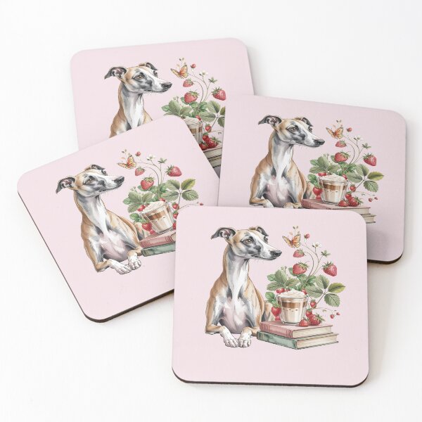 Item preview, Cute Whippet Greyhound with Books Coffee and Strawberries designed and sold by tamdevo1.