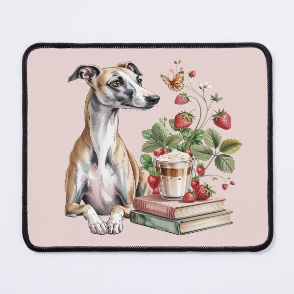Item preview, Cute Whippet Greyhound with Books Coffee and Strawberries designed and sold by tamdevo1.