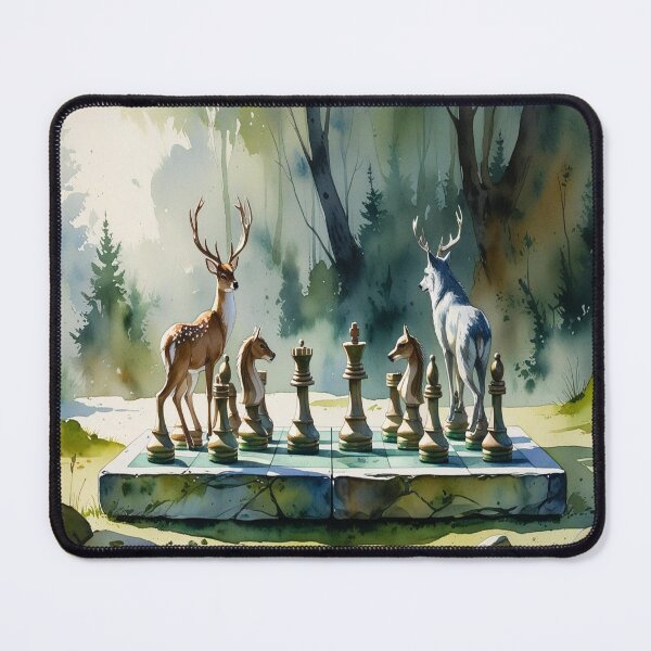 Item preview, Enchanted Woodland Chess Art - Watercolour Deer vs Wolf Set On Mossy Stone Board designed and sold by M&M Lifestyle Hub.