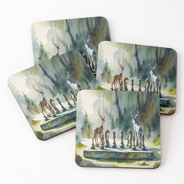 Item preview, Enchanted Woodland Chess Art - Watercolour Deer vs Wolf Set On Mossy Stone Board designed and sold by M&M Lifestyle Hub.