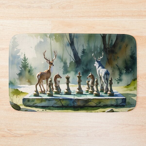 Item preview, Enchanted Woodland Chess Art - Watercolour Deer vs Wolf Set On Mossy Stone Board designed and sold by M&M Lifestyle Hub.