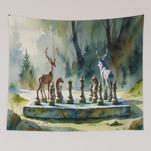 Item preview, Enchanted Woodland Chess Art - Watercolour Deer vs Wolf Set On Mossy Stone Board designed and sold by M&M Lifestyle Hub.