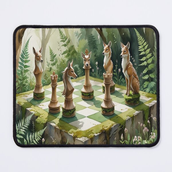 Item preview, Enchanted Woodland Chess Art - Watercolour Deer vs Wolf Set On Mossy Stone Board designed and sold by M&M Lifestyle Hub.