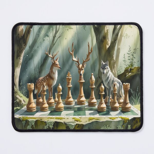 Item preview, Enchanted Woodland Chess - Watercolour Deer vs Wolf Set On Mossy Stone Board designed and sold by M&M Lifestyle Hub.