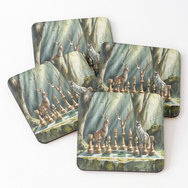 Item preview, Enchanted Woodland Chess - Watercolour Deer vs Wolf Set On Mossy Stone Board designed and sold by M&M Lifestyle Hub.