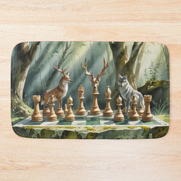 Item preview, Enchanted Woodland Chess - Watercolour Deer vs Wolf Set On Mossy Stone Board designed and sold by M&M Lifestyle Hub.