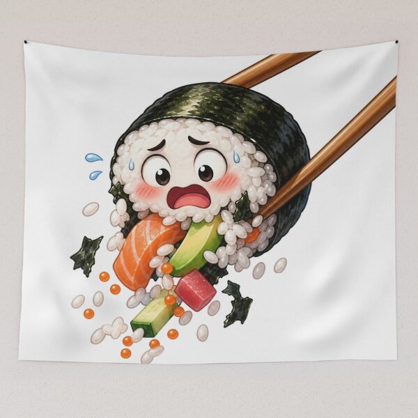 Item preview, Panicked Sushi Roll Cartoon Character Caught by Chopsticks designed and sold by jgvisualarts.