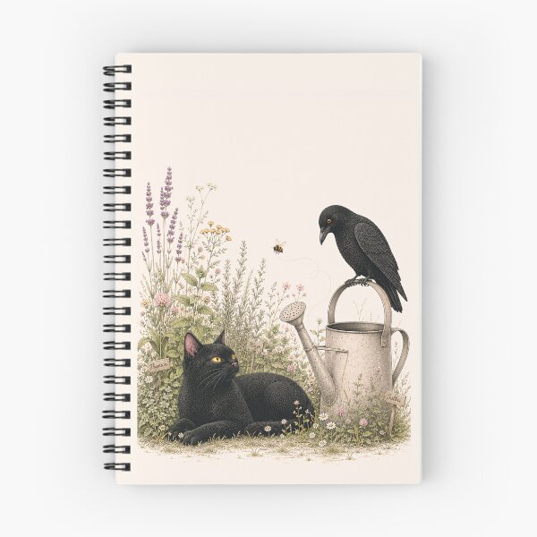 Item preview, Herb Garden Companions – Black Cat & Raven Cottagecore Art designed and sold by VelvetClawStudio.