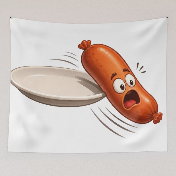 Item preview, Panicked Cartoon Sausage Jumping Off Plate Illustration designed and sold by jgvisualarts.
