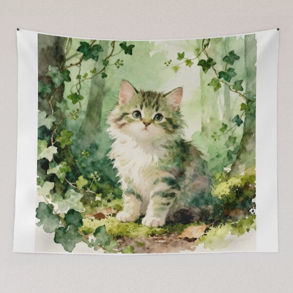 Item preview, Adorable Green Kitten in a Forest designed and sold by Shelley Loewnau-Jones Studio.