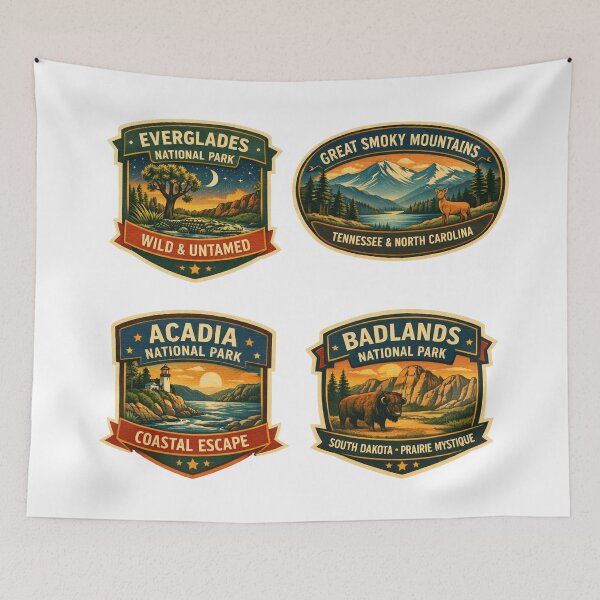 Item preview, National Parks Vintage Badge Collection - Acadia Everglades Badlands Smokies Art designed and sold by SasquatchTrail.