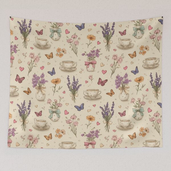 Item preview, Coquette Cottagecore Seamless Pattern | Vintage Floral Teacup & Butterfly Design designed and sold by GraceInNatureCo.