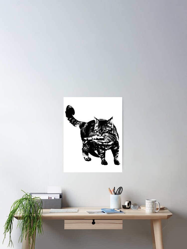 Thumbnail 2 of 3, Poster, Cat with fish designed and sold by GoodGD.