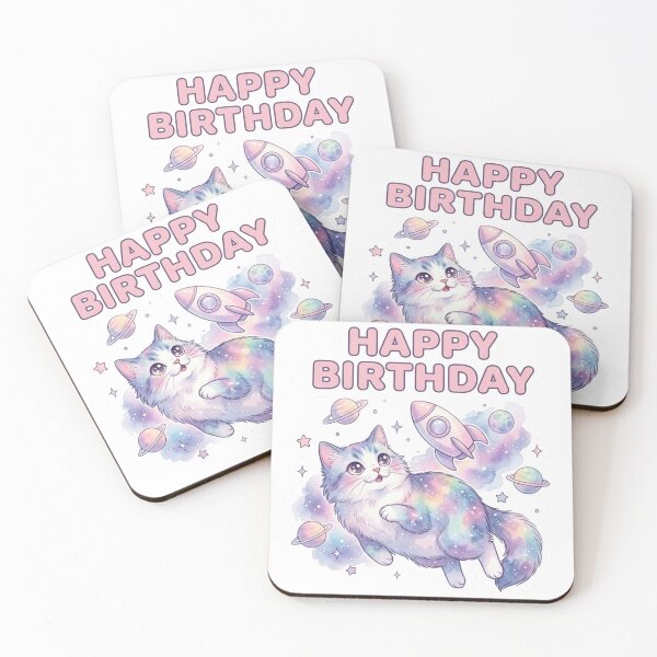 Item preview, Happy Birthday: Pastel Galaxy Cat Floating in Space designed and sold by LaniDigitalNook.